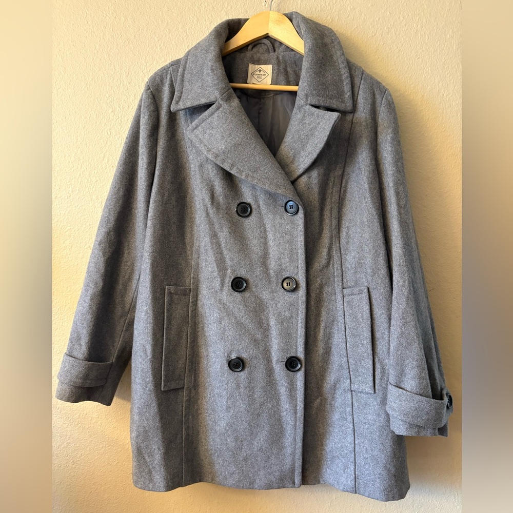 St John's Bay Women's 2X Gray Wool Blend Peacoat Double Breasted Plus Size